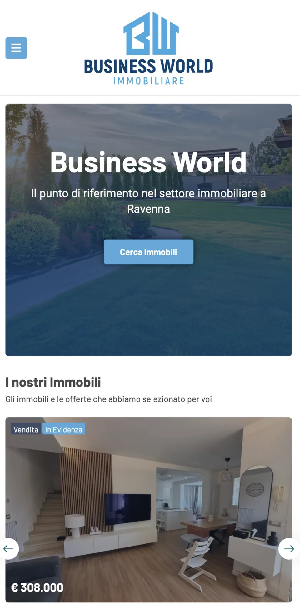 La home del sito Business World su telefono: il marchio, il titolo con il pulsante Cerca immobili e il primo immobile in evidenza con il prezzo