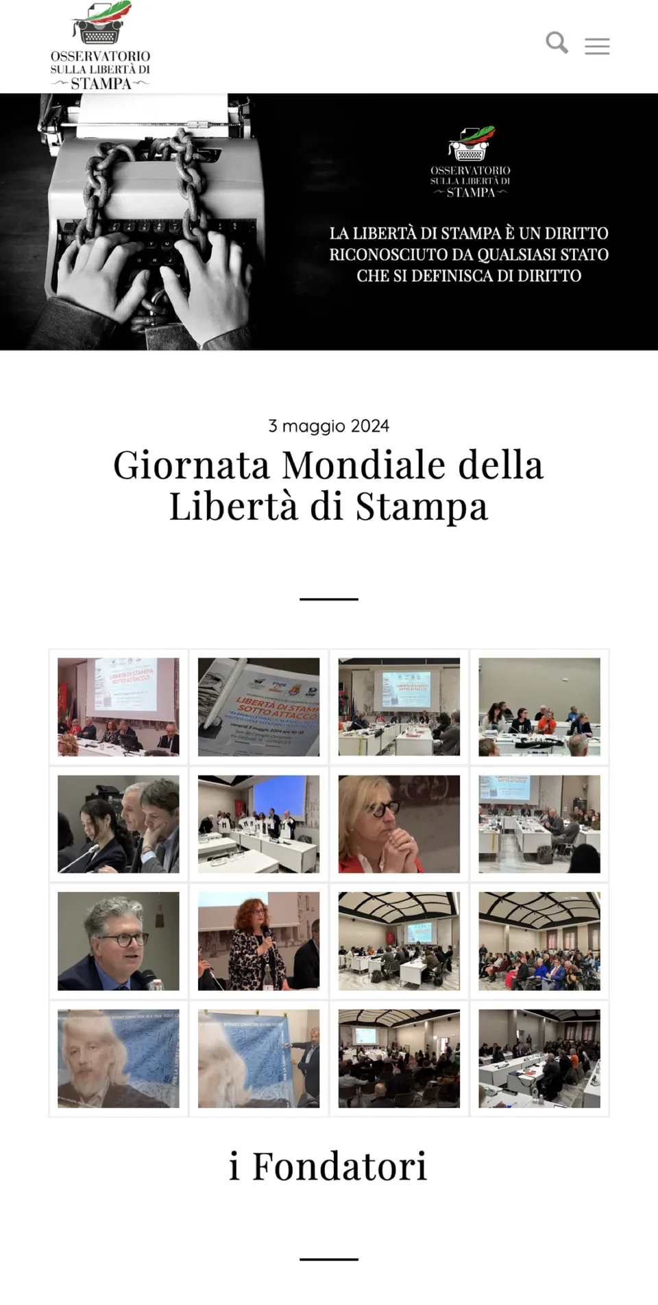 La home del sito su telefono: l’apertura con la macchina da scrivere incatenata e la galleria di foto della Giornata mondiale della libertà di stampa