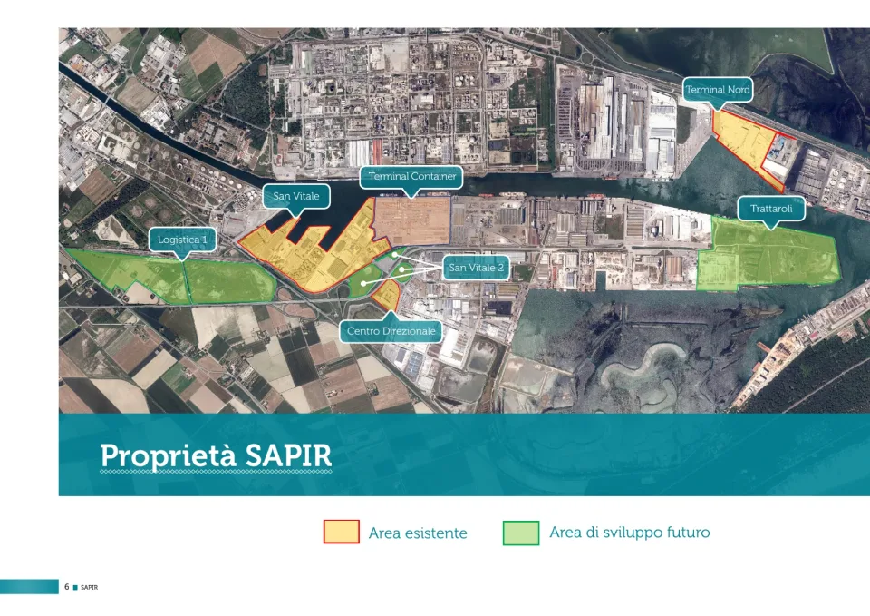 Foto aerea del porto con le proprietà SAPIR evidenziate: aree esistenti in arancio e aree di sviluppo futuro in verde