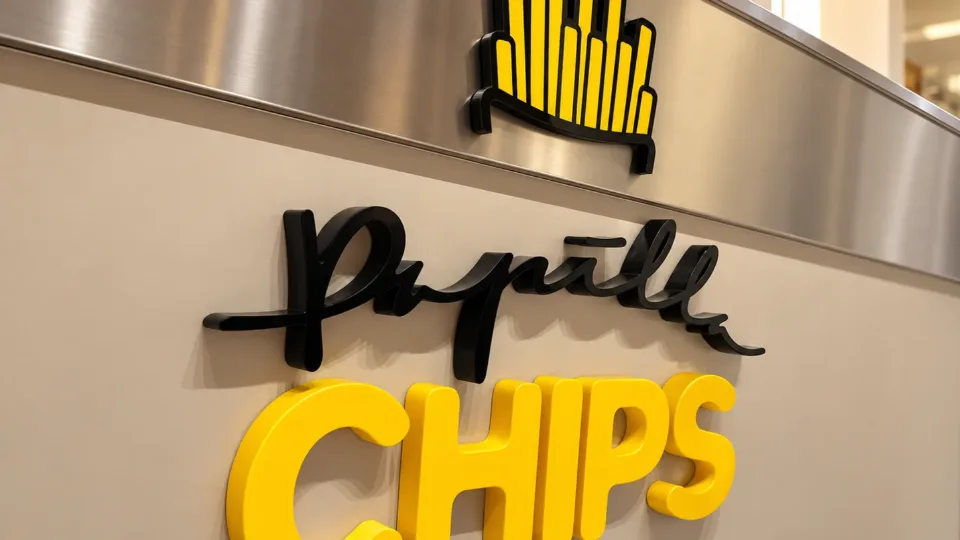 Le lettere dell’insegna Papilla Chips in rilievo: le patatine gialle con il contorno nero, Papilla in nero lucido e CHIPS in giallo