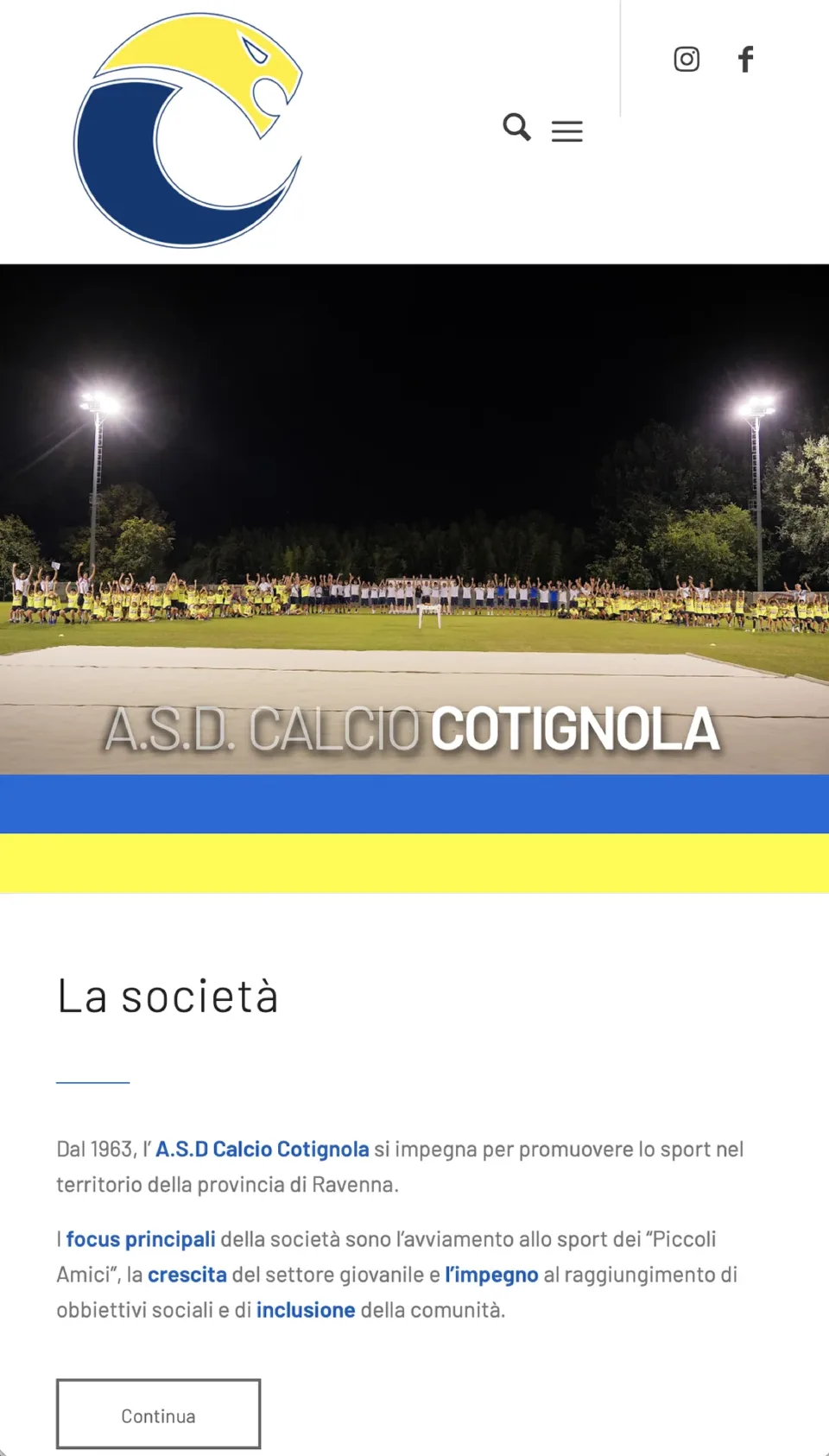 La home del sito Calcio Cotignola su telefono: il marchio, la foto della società sul campo, le fasce blu e gialla e la presentazione La società