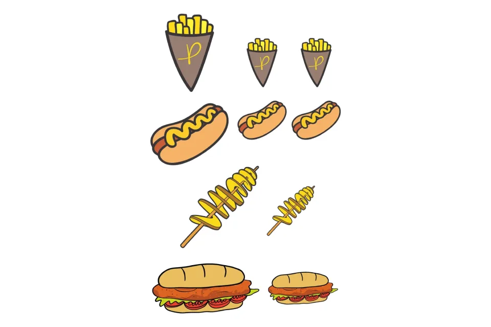 Le icone disegnate per il negozio: cono di patatine con la P di Papilla, hot dog con la senape, patata tornado sullo spiedino e panino con la cotoletta, in due misure