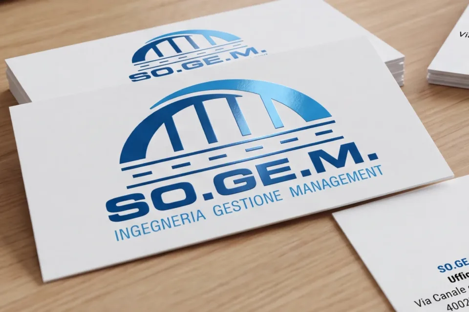 Il fronte del biglietto da visita: il marchio SO.GE.M. con il ponte ad arco sopra la carreggiata, in blu metallizzato, e la scritta Ingegneria Gestione Management