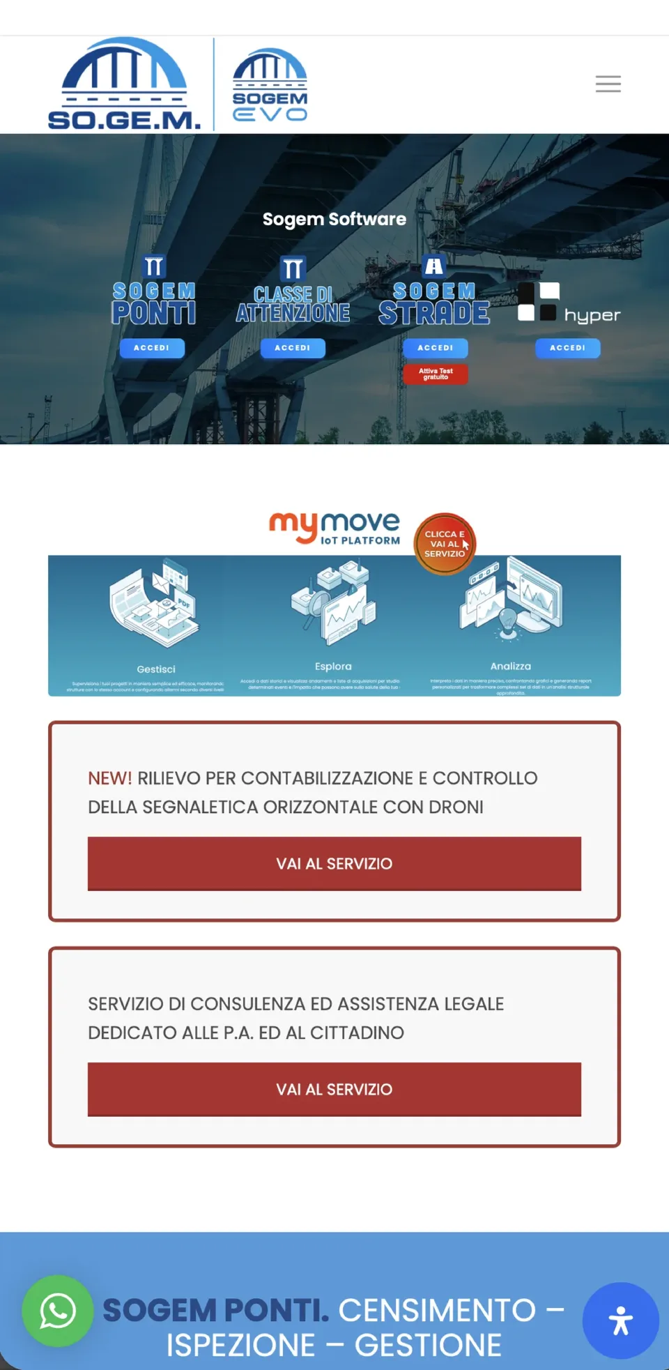 La home del sito su telefono: i marchi, l’accesso ai software e i riquadri dei servizi con il pulsante Vai al servizio