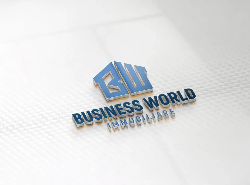 Il marchio Business World Immobiliare in rilievo, in metallo blu e azzurro