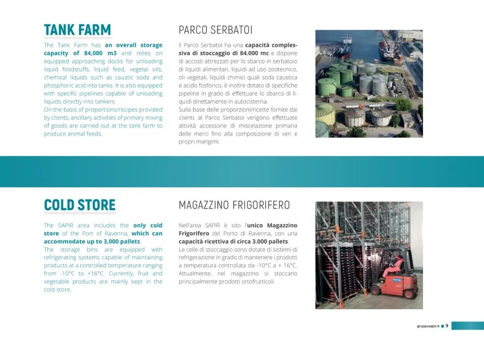 Pagina con Tank farm, parco serbatoi, e Cold store, magazzino frigorifero, ciascuno con la sua foto