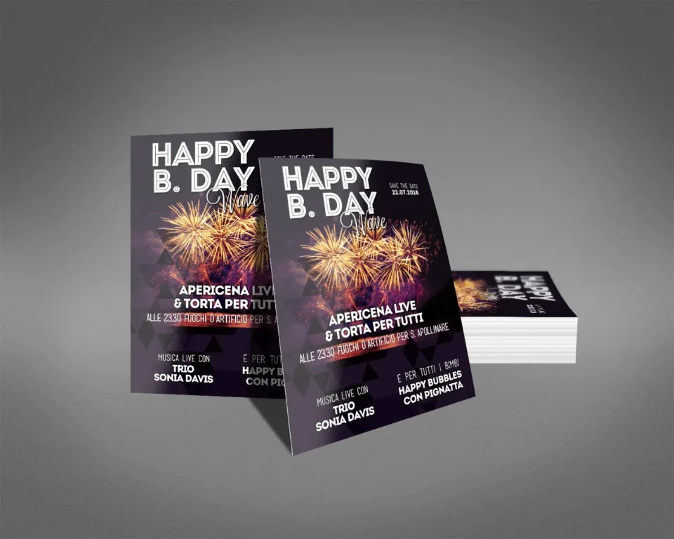 Flyer viola Happy B. Day Wave con i fuochi d’artificio: apericena live, torta per tutti e fuochi per Sant’Apollinare