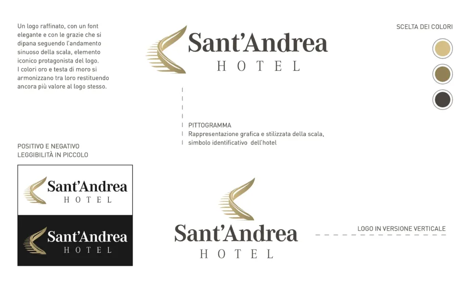 Tavola di presentazione del marchio Sant’Andrea Hotel: il marchio orizzontale e verticale, il pittogramma della scala, i tre colori oro chiaro, oro scuro e testa di moro, le versioni in positivo e in negativo