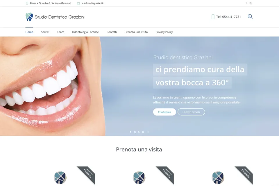 La home del sito Studio Dentistico Graziani su computer: il marchio a forma di dente, il menu, un sorriso in primo piano con il titolo Ci prendiamo cura della vostra bocca a 360° e, sotto, Prenota una visita