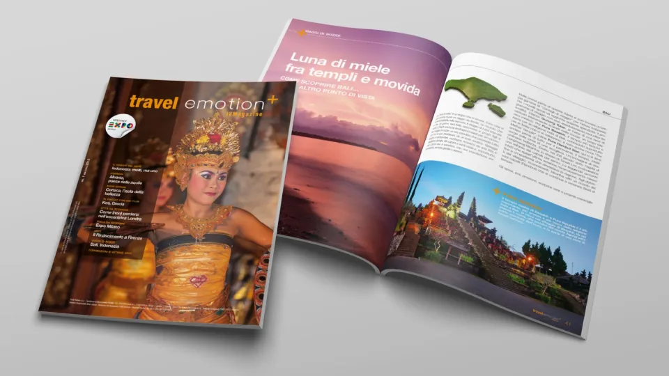 Il magazine Travel Emotion+ di i Viaggi di Mercatore: la copertina con una danzatrice balinese e, aperto, un servizio sui viaggi di nozze a Bali