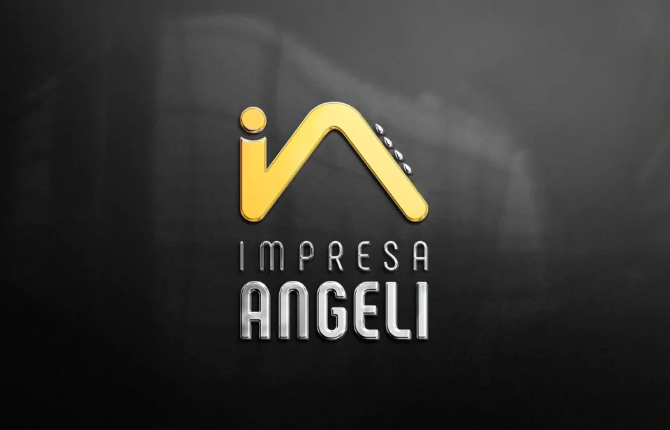 Il marchio Impresa Angeli in rilievo, oro e metallo su parete scura