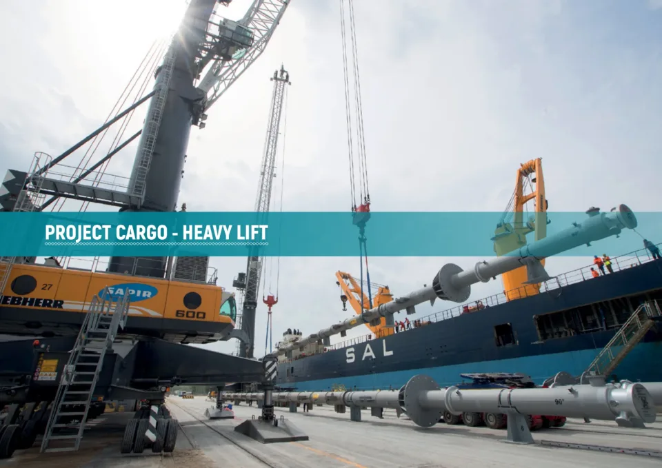 Pagina Project cargo, heavy lift, con un grande carico industriale sollevato dalle gru in banchina