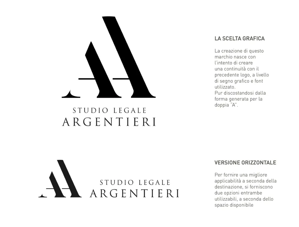 Tavola di presentazione del marchio: la doppia A con Studio Legale Argentieri in versione verticale e orizzontale, con il testo sulla scelta grafica
