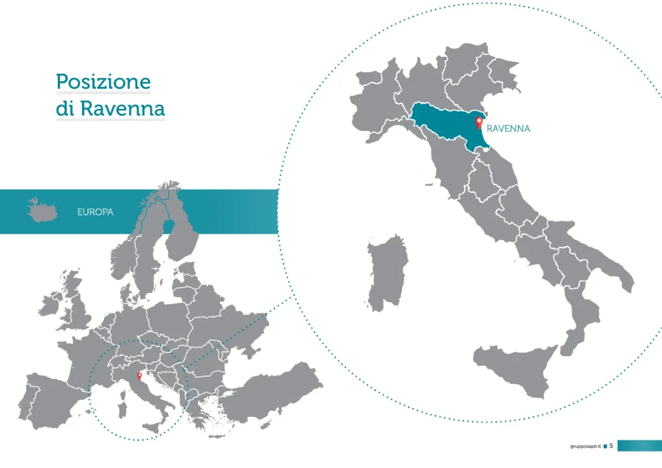 Pagina con la posizione di Ravenna: la mappa dell’Europa e quella dell’Italia con l’Emilia-Romagna evidenziata