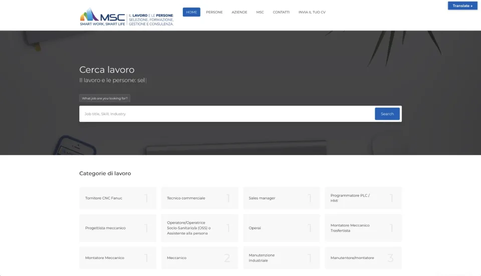 La home del sito MSC su computer: il marchio, il menu, la ricerca delle offerte di lavoro e le categorie di lavoro con il numero di posizioni aperte
