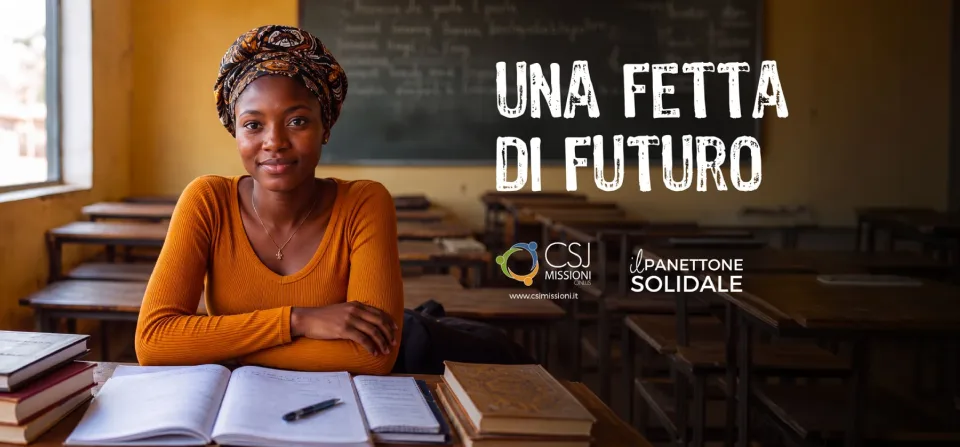 La seconda versione del banner: una studentessa sorridente al banco di un’aula, con il titolo Una fetta di futuro in bianco