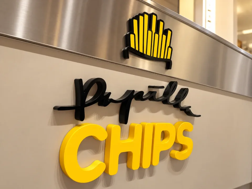 Le lettere dell’insegna Papilla Chips in rilievo durante il montaggio: le patatine gialle con il contorno nero, Papilla in nero lucido e CHIPS in giallo