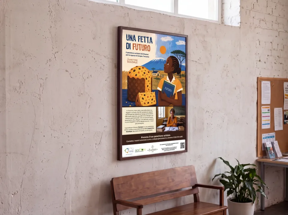 Il poster Una fetta di futuro di CSJ Missioni incorniciato su una parete