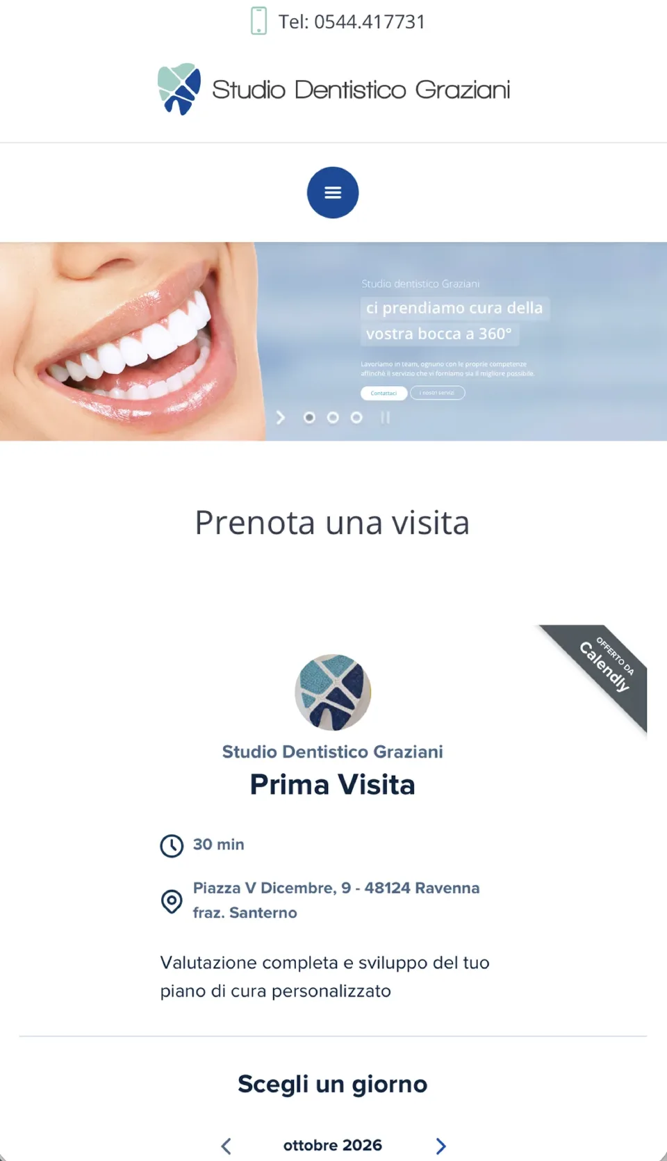 La home del sito Studio Dentistico Graziani su telefono: il telefono dello studio, il marchio, il sorriso in primo piano e la prenotazione della prima visita con la scelta del giorno