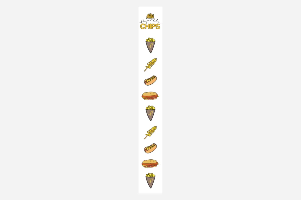 Il pannello verticale 28×220 cm: il marchio in alto e sotto, in colonna, le icone di cono di patatine, patata tornado, hot dog e panino che si ripetono