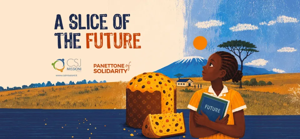 Il banner inglese A slice of the future, con l’illustrazione e il marchio Panettone of solidarity