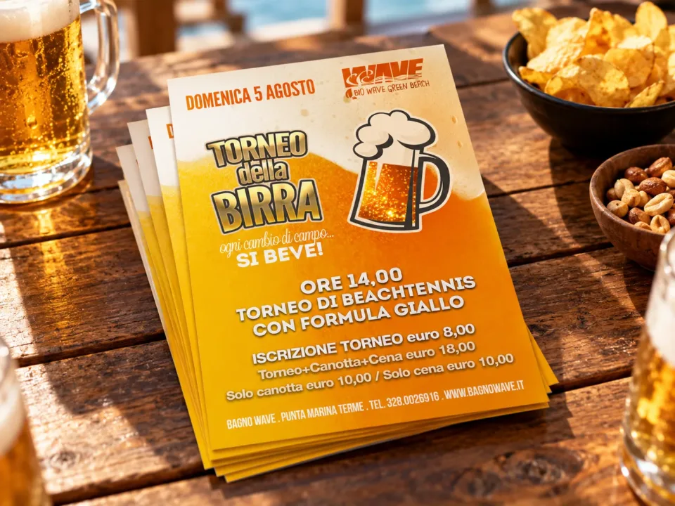 Volantini arancioni del Torneo della birra di beach tennis, con un boccale illustrato, su un tavolo accanto a birre e patatine