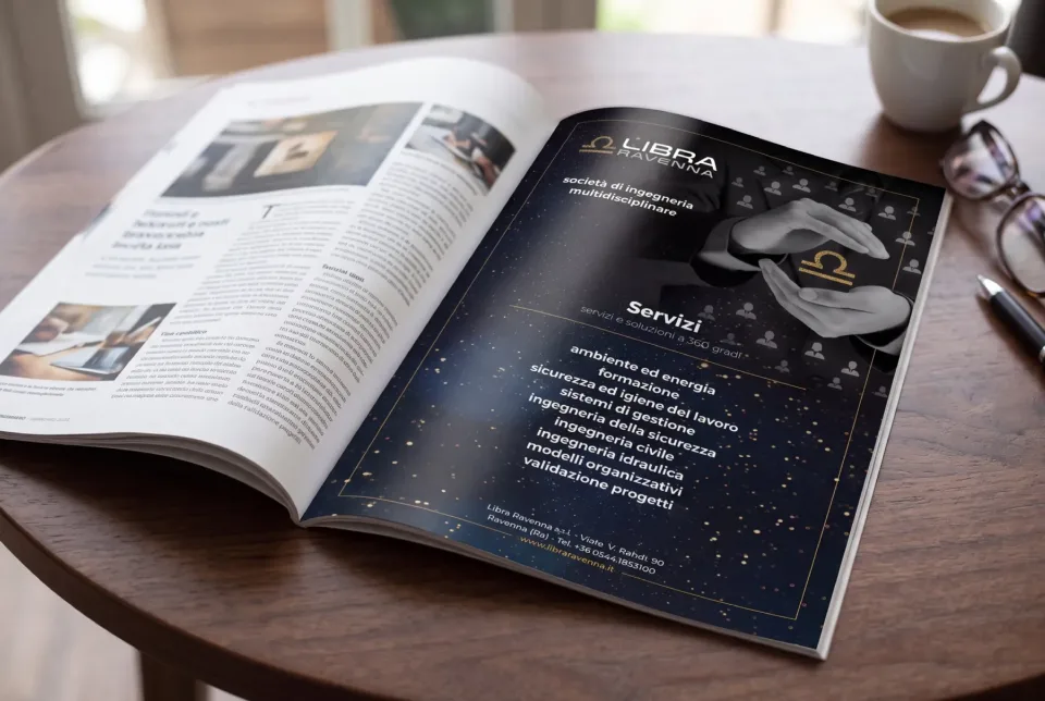 Pagina pubblicitaria Libra Ravenna su una rivista aperta, con fondo blu notte e dettagli oro