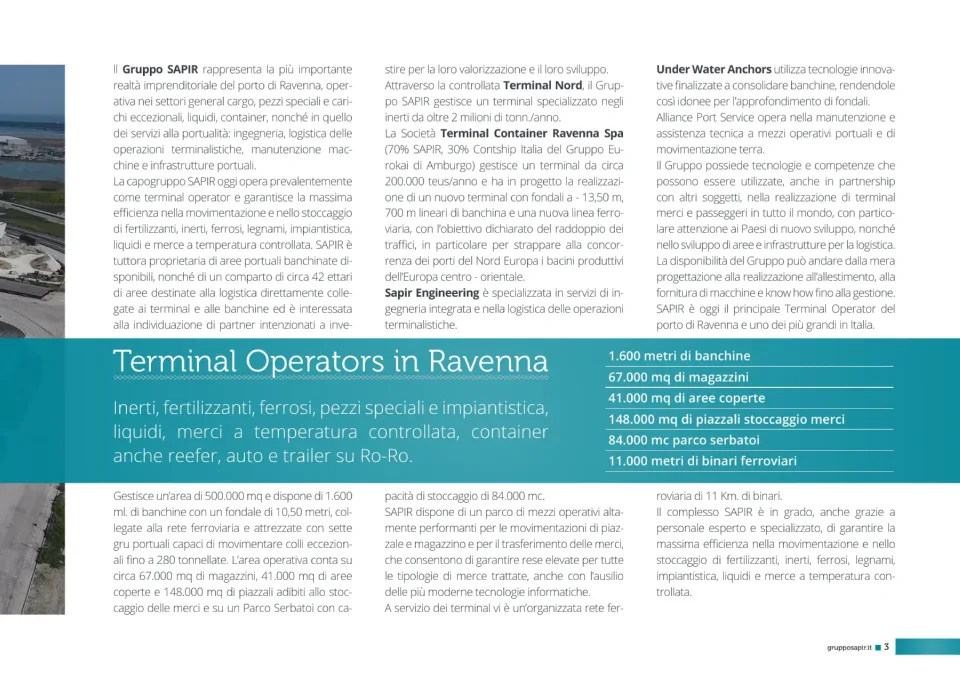 Pagina di testo su tre colonne con la fascia Terminal Operators in Ravenna e una tabella con i numeri del gruppo: metri di banchina, magazzini, piazzali