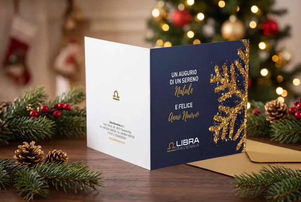 Biglietto di auguri di Natale Libra Ravenna, blu notte con un fiocco di neve dorato
