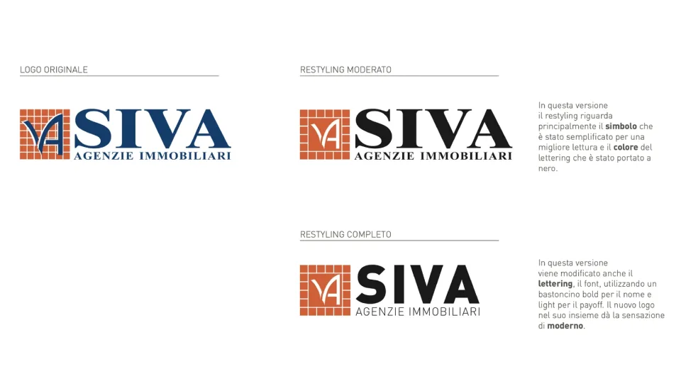 Tavola del restyling del marchio SIVA: il logo originale in blu con la griglia arancio e la lettera A graziata; il restyling moderato con il simbolo semplificato e il nome in nero; il restyling completo, con il nome in un bastoncino bold e il payoff light