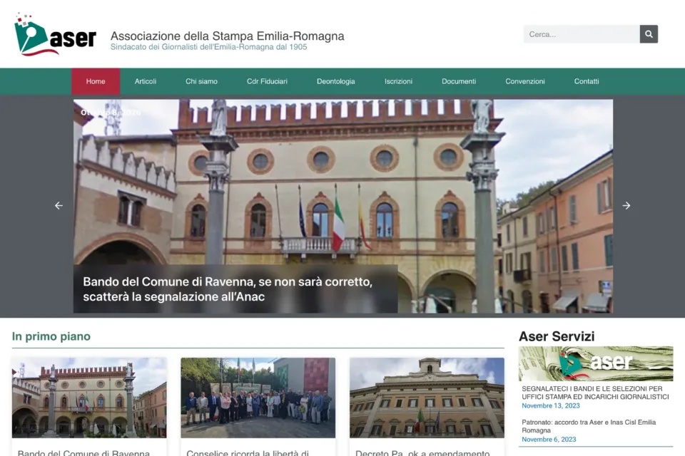 La home del sito Aser, con il menu verde e la notizia in primo piano