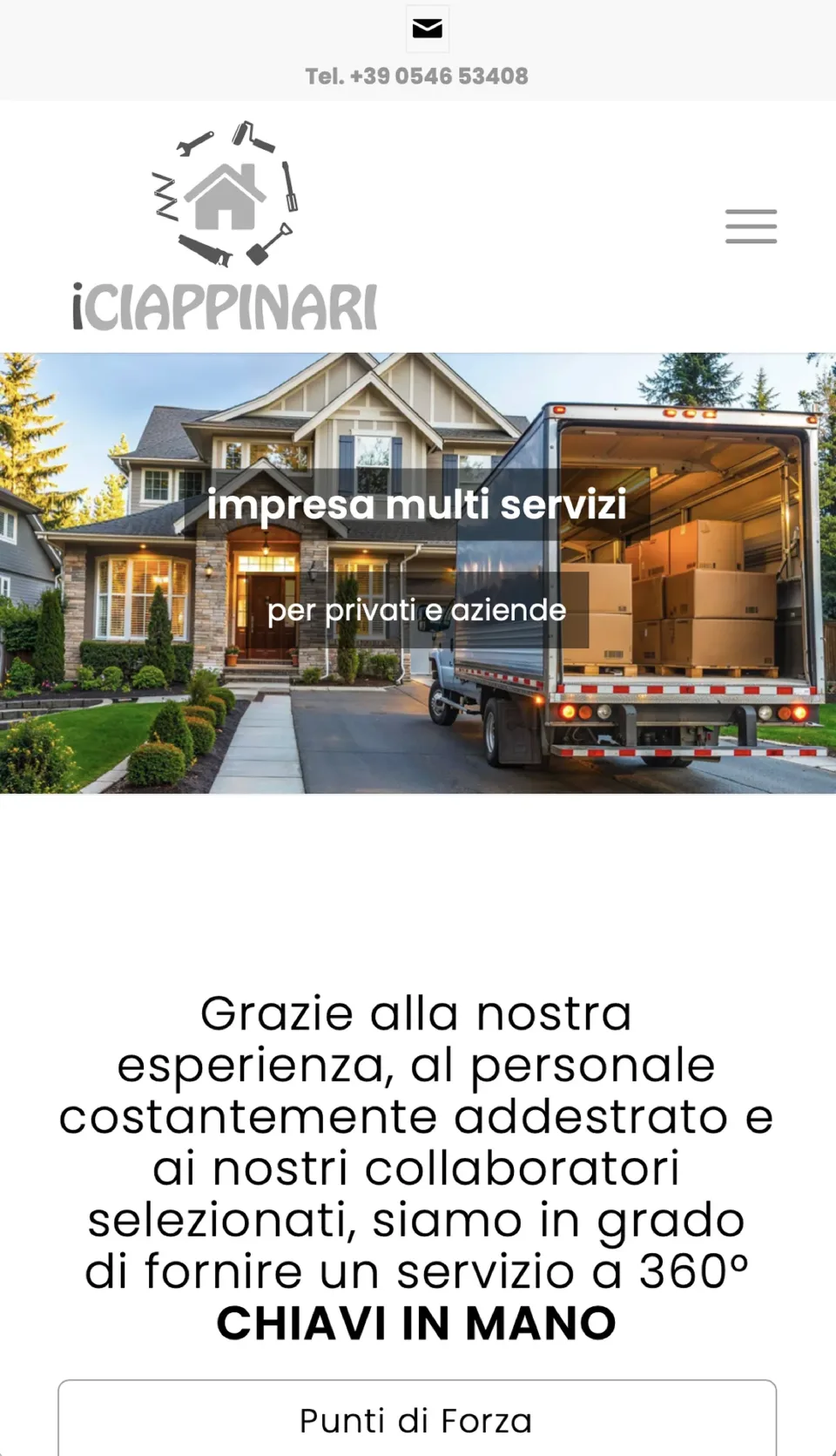 La home del sito I Ciappinari su telefono: il marchio, un furgone per i traslochi davanti a una casa e la frase sul servizio a 360° chiavi in mano