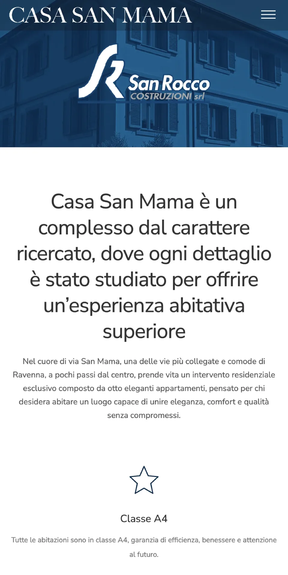 La home del sito su telefono: il marchio San Rocco Costruzioni sulla foto blu dell’edificio, la presentazione di Casa San Mama e la classe energetica A4