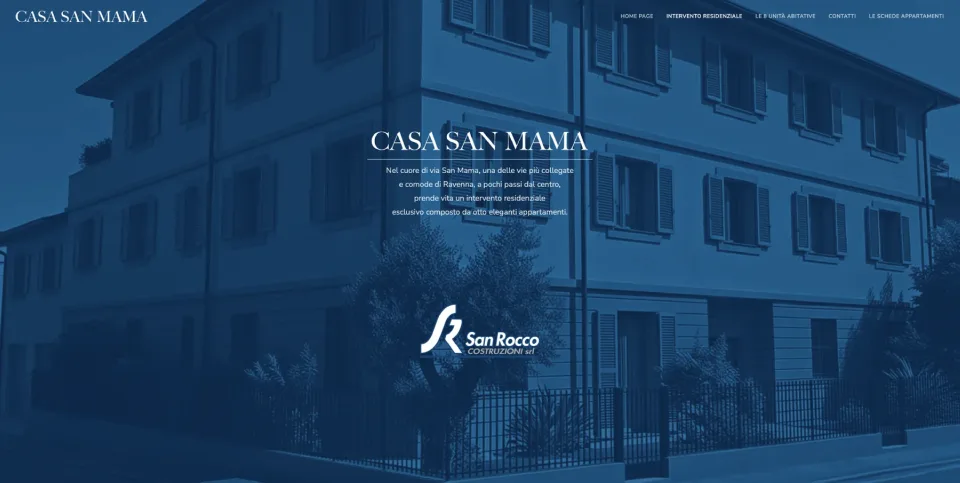 La home del sito Casa San Mama, con l’edificio virato in blu