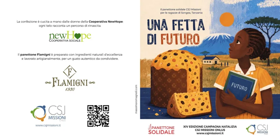 L’esterno del pieghevole 24×12 cm: la copertina con l’illustrazione Una fetta di futuro e il retro con la Cooperativa NewHope, il panettone Flamigni, il marchio CSJ Missioni e il codice QR