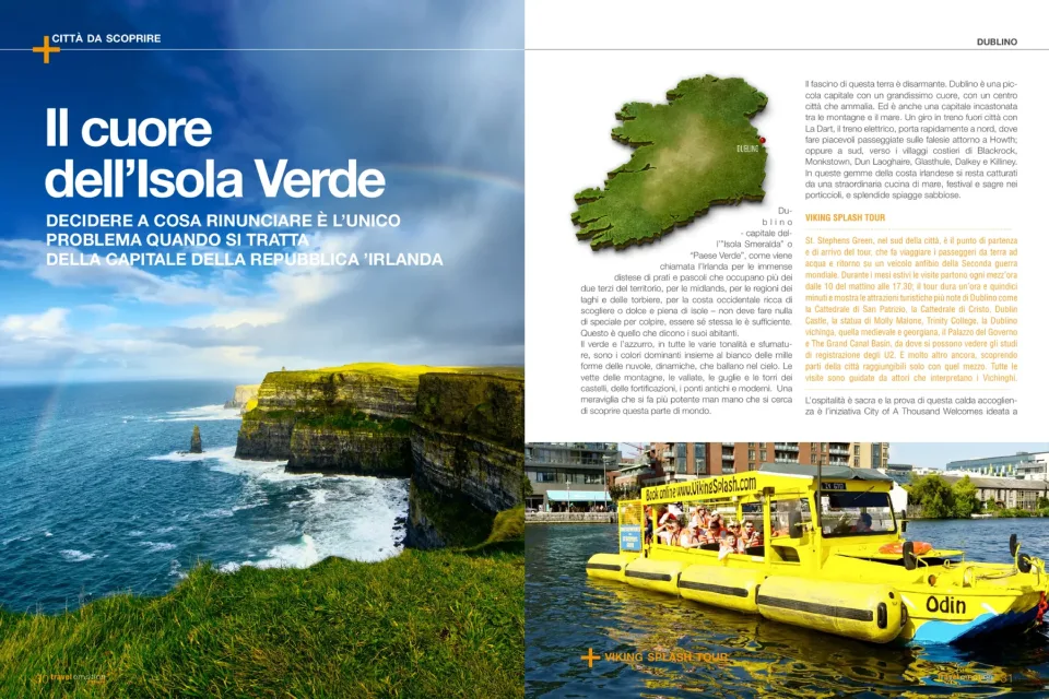 Doppia pagina del servizio Il cuore dell’Isola Verde: a sinistra le scogliere irlandesi con il titolo, a destra la mappa dell’Irlanda, il testo e la foto di un battello