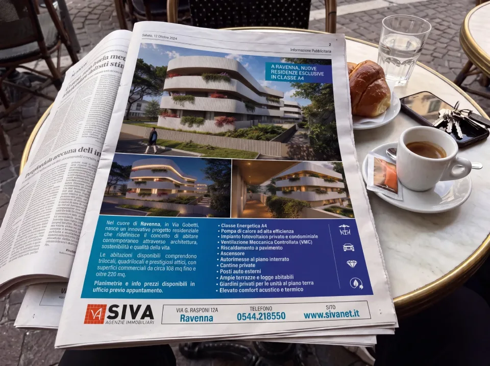 Pagina pubblicitaria SIVA su un quotidiano: nuove residenze in classe A4 in via Gobetti a Ravenna, con i rendering dell’edificio e l’elenco delle caratteristiche