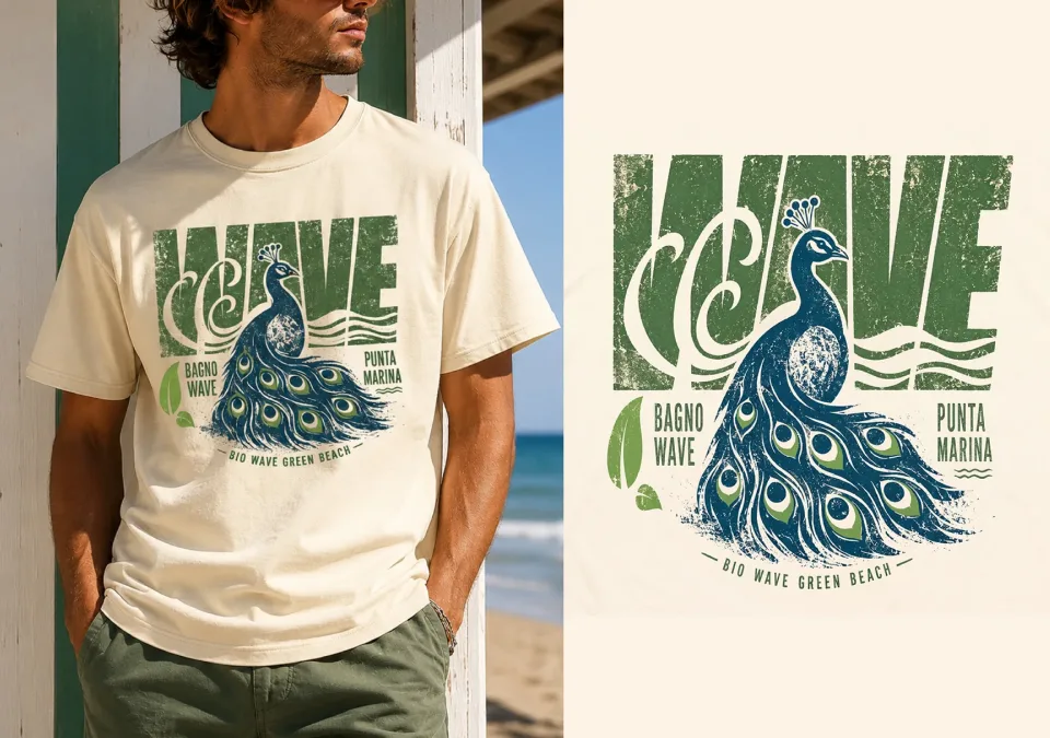 Maglietta color panna con la grande scritta Wave in verde e un pavone blu, indossata in spiaggia