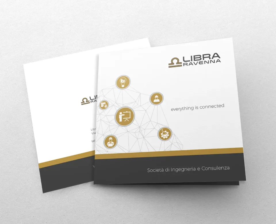 La copertina della brochure Libra Ravenna, con le icone dei servizi collegate da una rete di linee