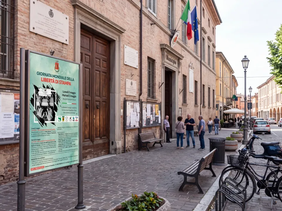 Il manifesto della Giornata mondiale della libertà di stampa davanti al municipio