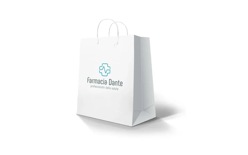 Shopper bianca con il marchio Farmacia Dante