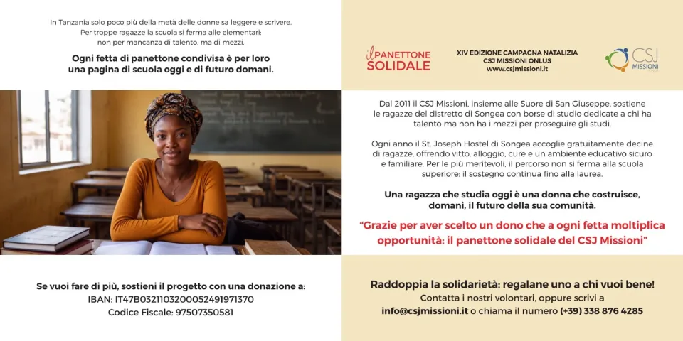L’interno del pieghevole: la storia del progetto per le ragazze di Songea, la foto di una studentessa in classe e le informazioni per sostenere il progetto