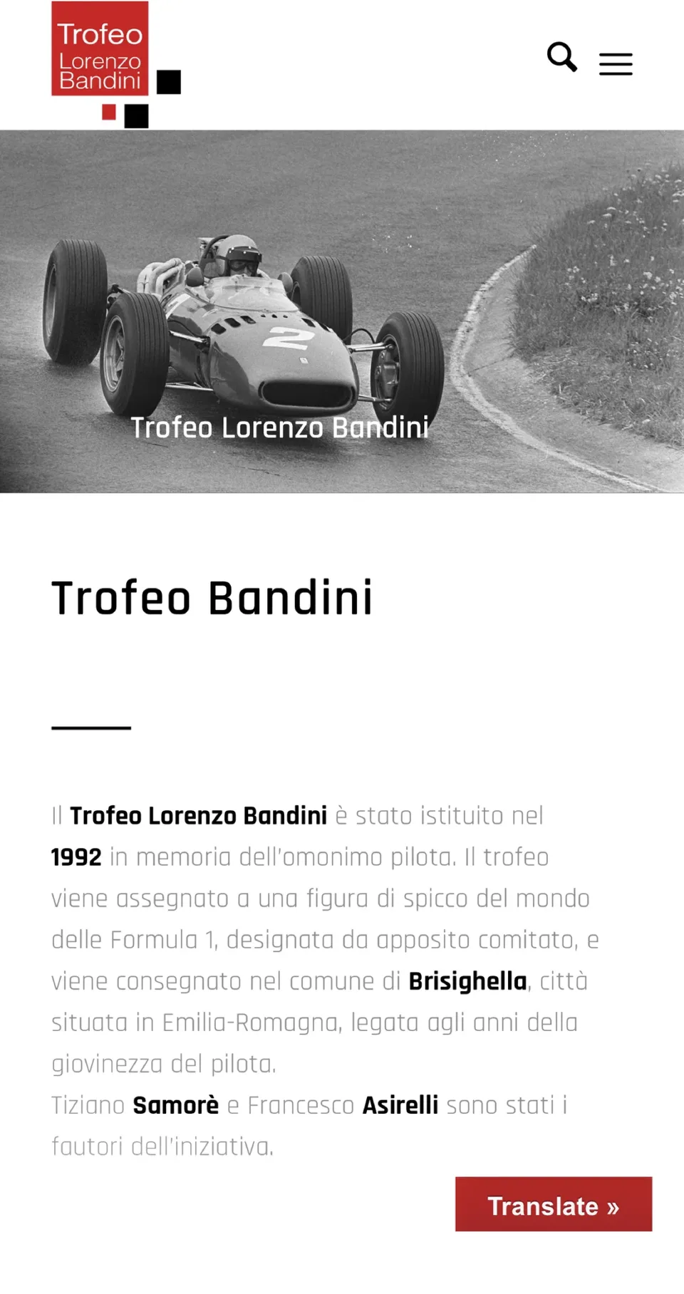 La home del sito su telefono: una foto storica in bianco e nero della monoposto di Lorenzo Bandini in curva e la presentazione del trofeo