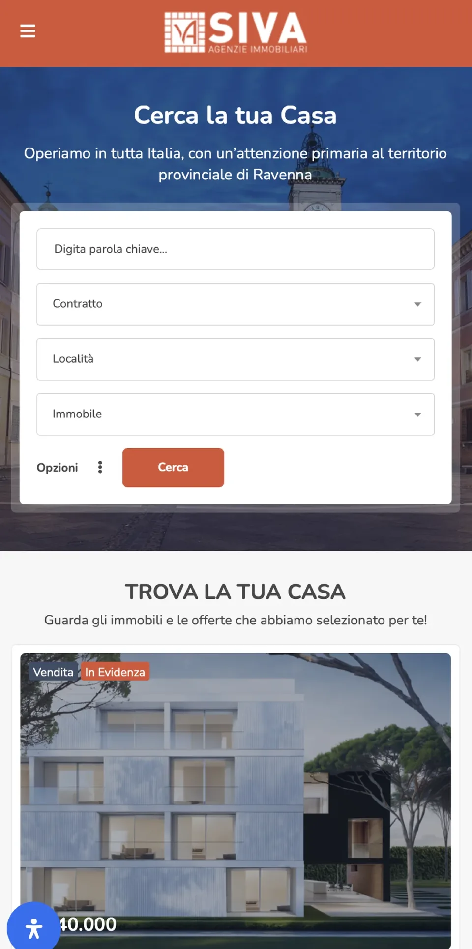 La home del sito su telefono: la testata arancio con il marchio, la ricerca degli immobili e il primo immobile in evidenza
